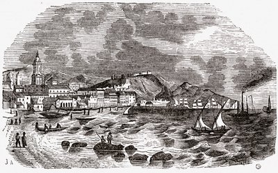 Stadt und Hafen von Malaga, Spanien, Mitte 1800er von Spanish School